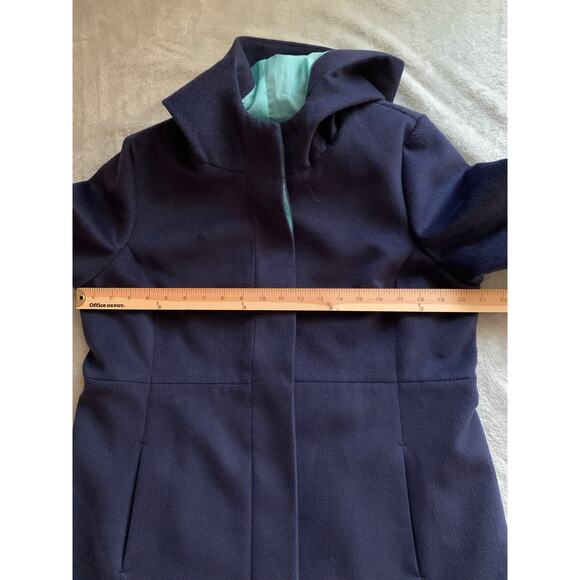 Chico's Hooded Faux Wool Coat Navy Blue With Teal Lining Mid Length Sz 1 (S) - Picture 14 of 16